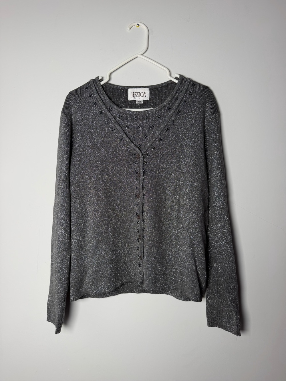Jessica Silver Shimmer Matching Set Knit Cardigan & Tank Embellished Women’s M
